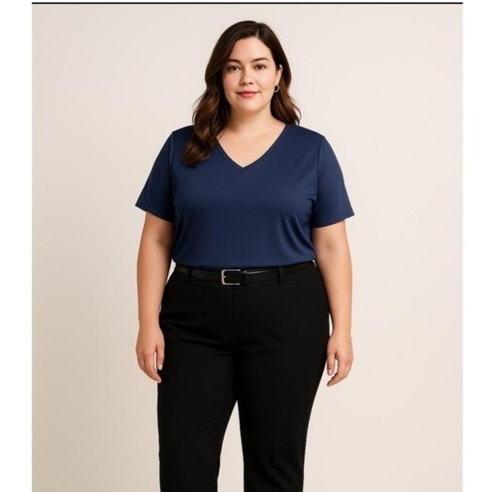Roz & Ali Blouse Womans 1X Plus Navy Blue V-Neck Short Sleeve Office